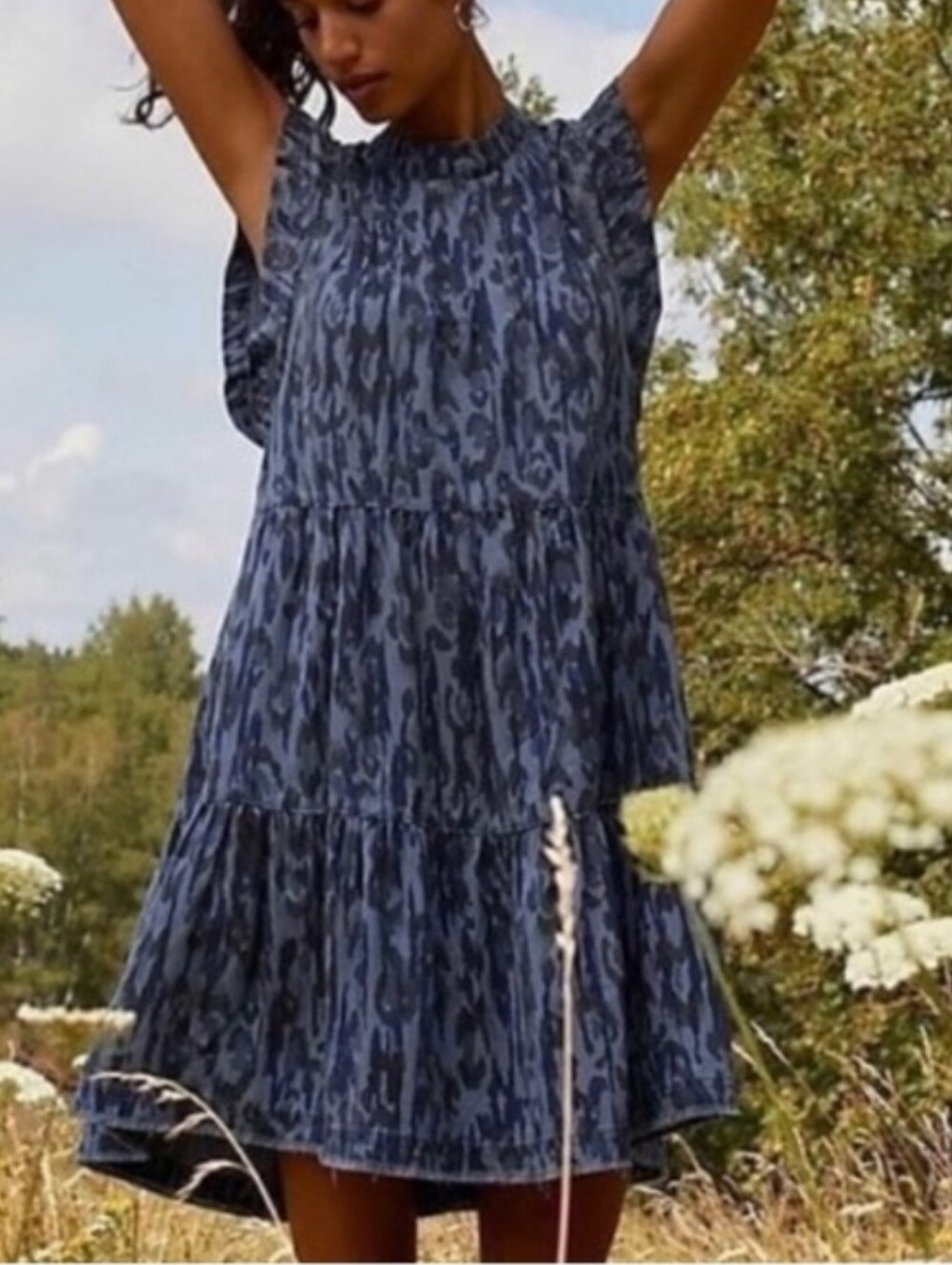 Blue Print Ruffle Sleeve Tiered Dress